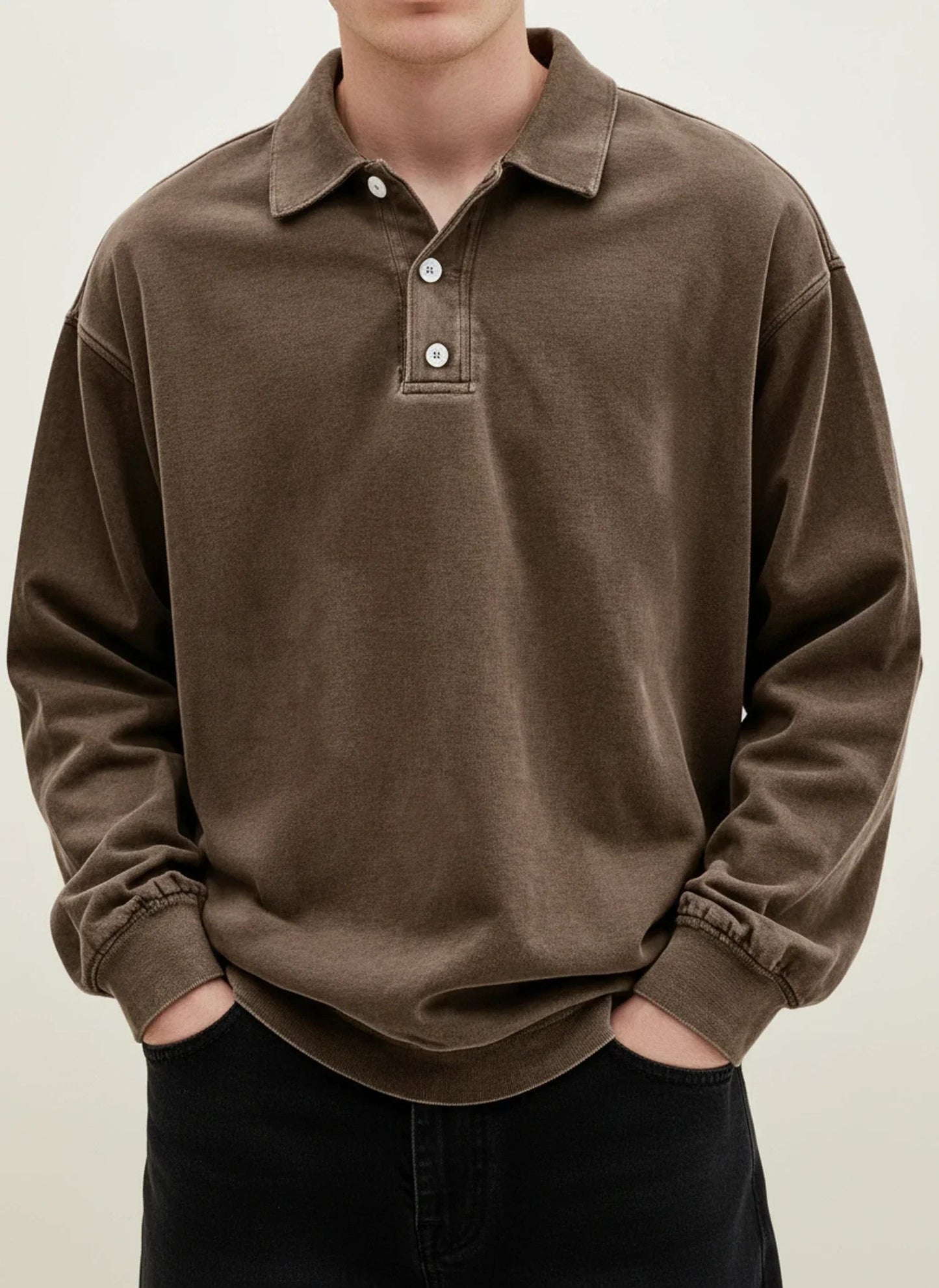 Herren Polo-Shirt Langarm Relaxed Fit Knopfleiste Weiß