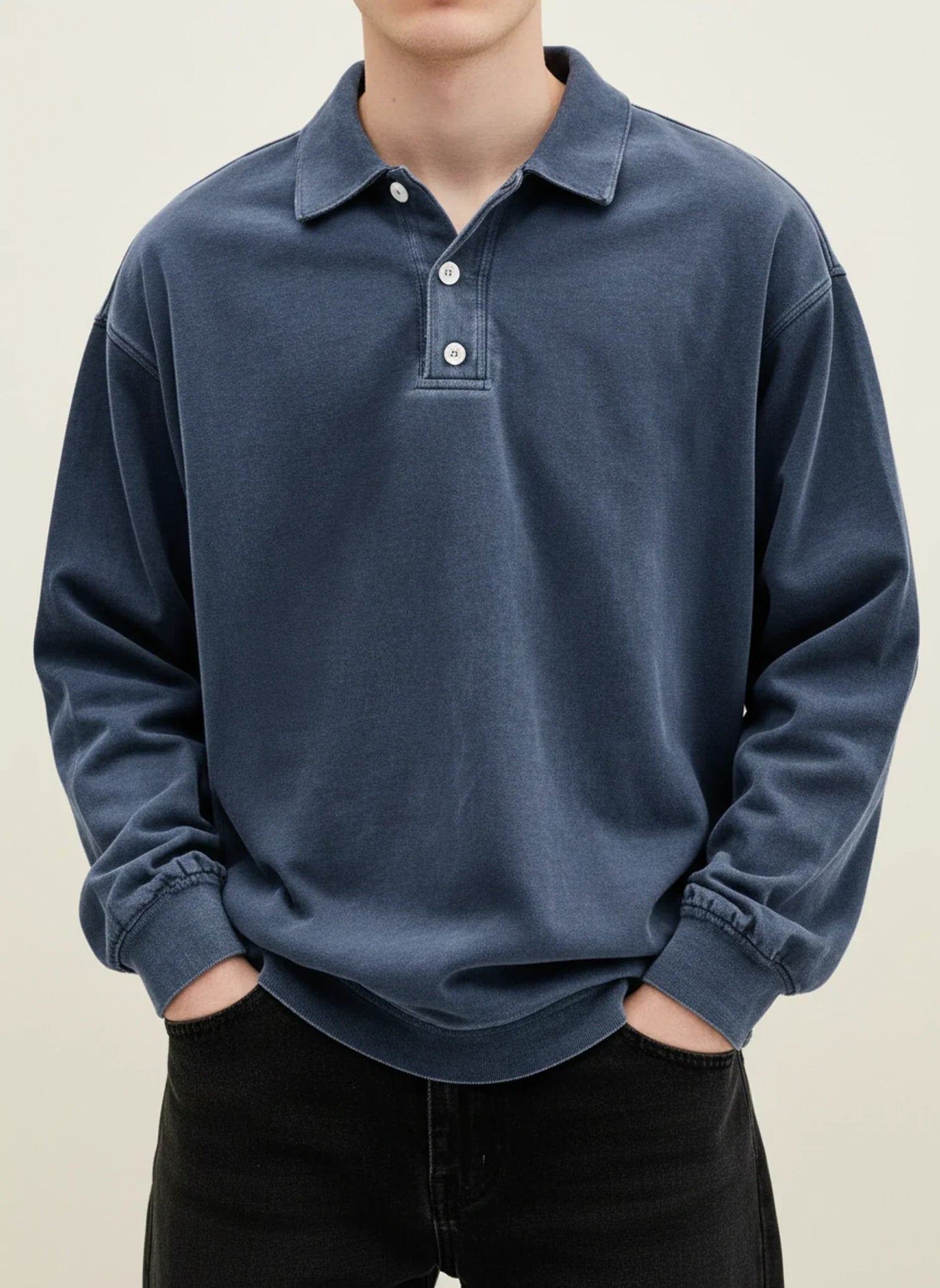Herren Polo-Shirt Langarm Relaxed Fit Knopfleiste Weiß