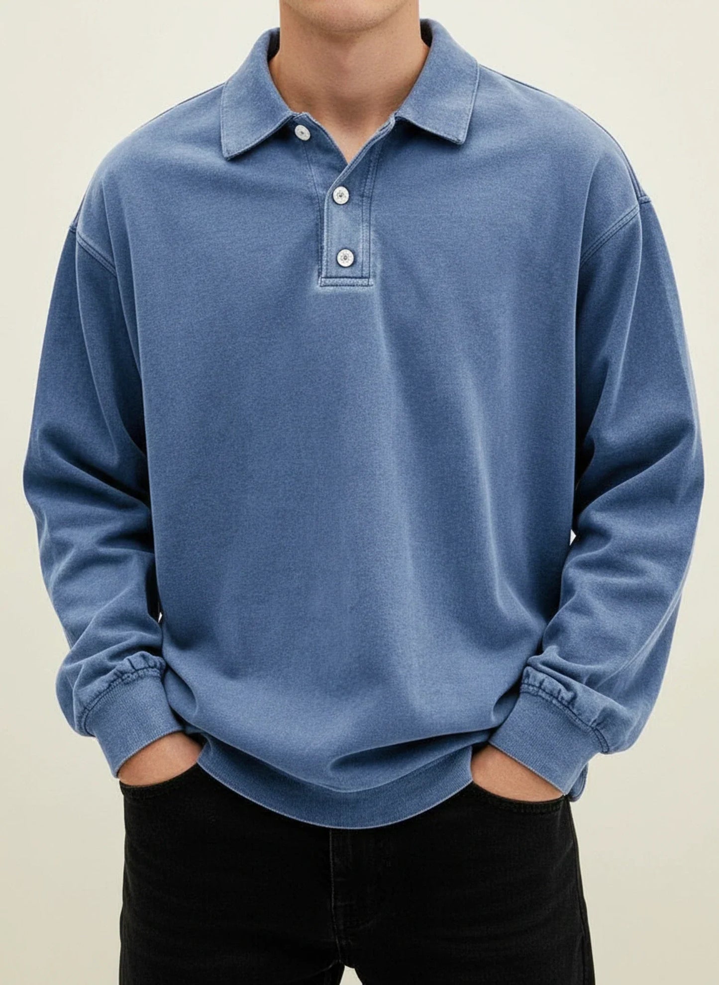 Herren Polo-Shirt Langarm Relaxed Fit Knopfleiste Weiß - Norvielle