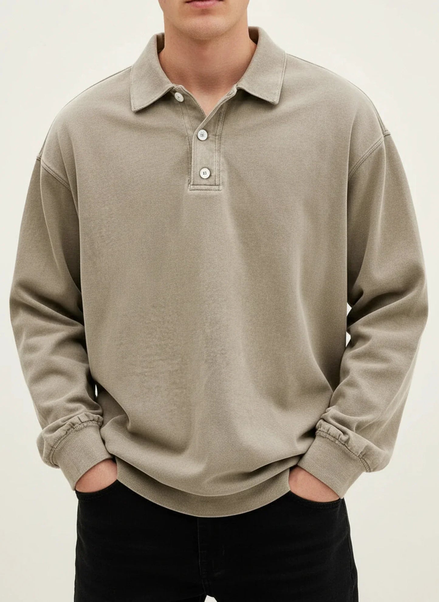 Herren Polo-Shirt Langarm Relaxed Fit Knopfleiste Weiß