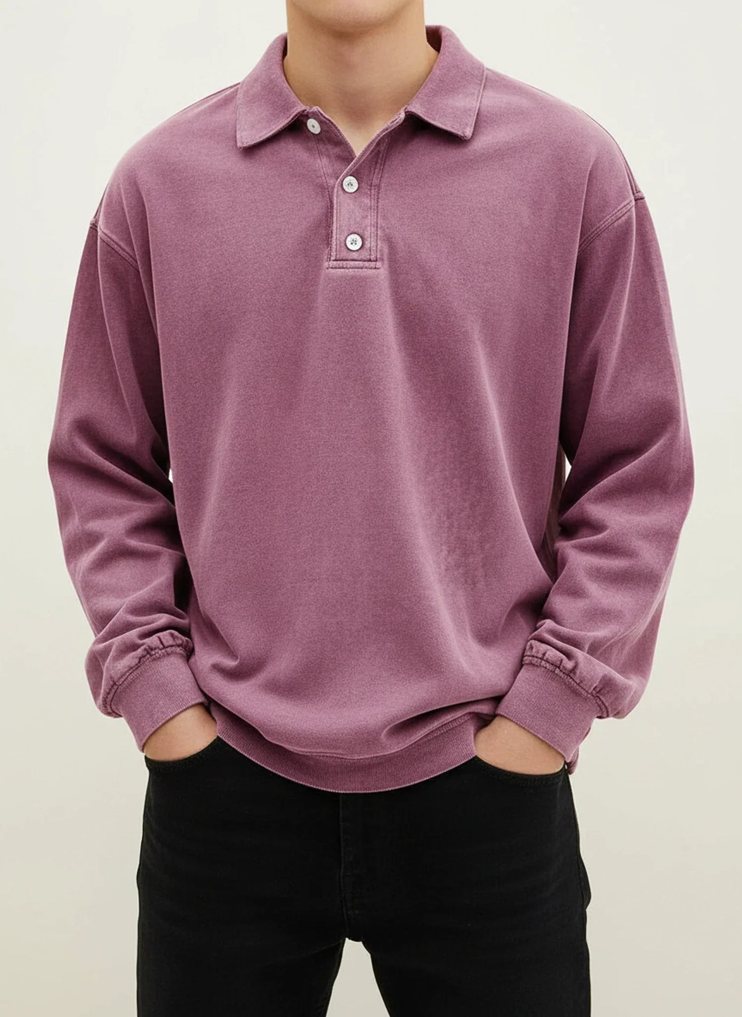 Herren Polo-Shirt Langarm Relaxed Fit Knopfleiste Weiß