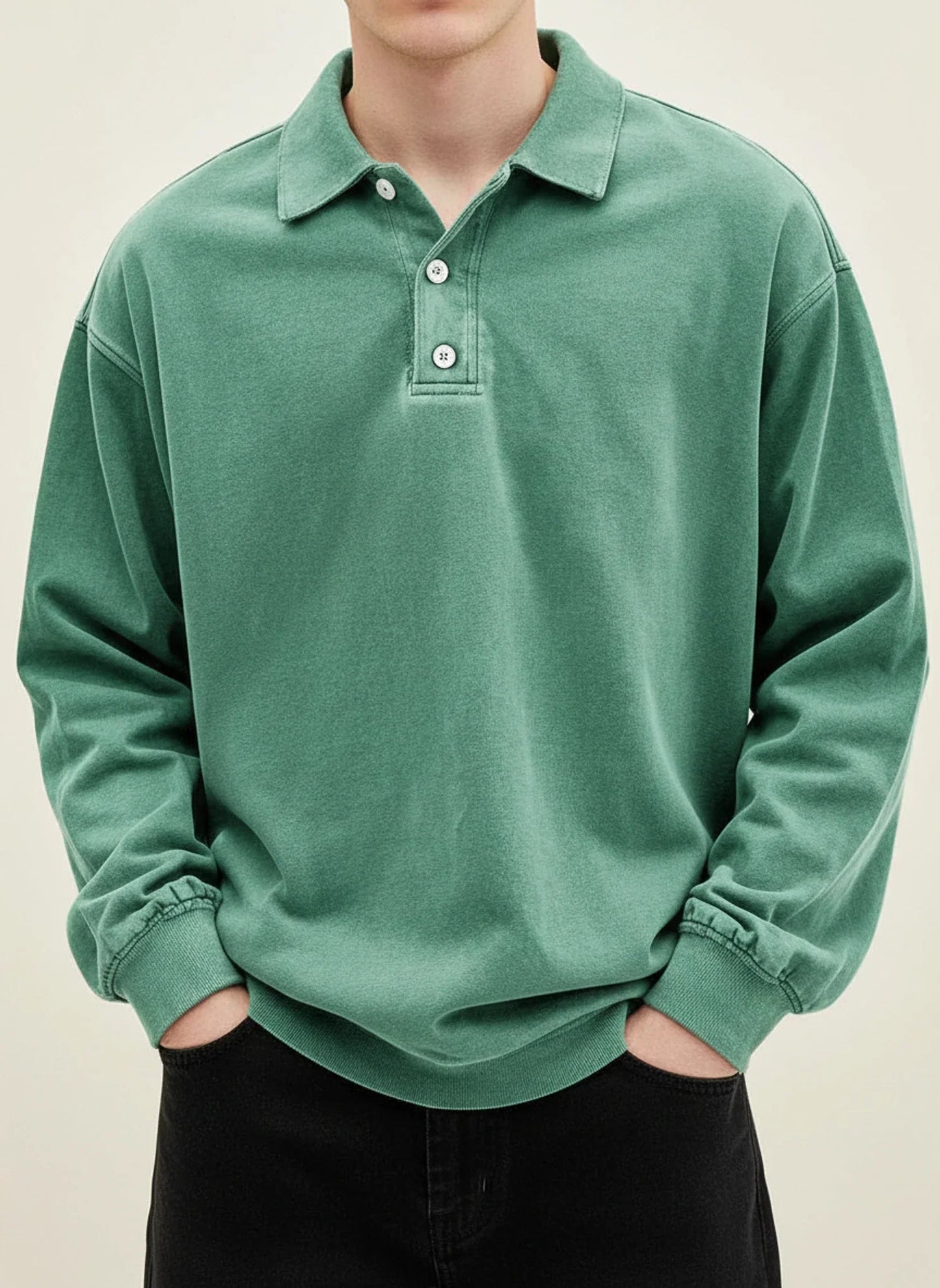 Herren Polo-Shirt Langarm Relaxed Fit Knopfleiste Weiß