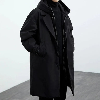 Herren Trenchcoat Lang Wasserdicht Warm Wetterfest Mit Kapuze