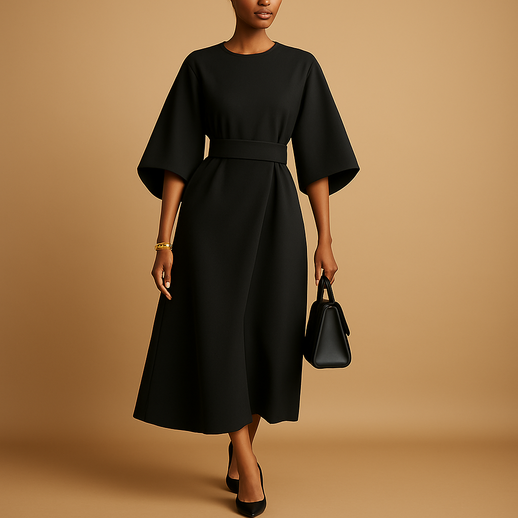 Damen Midikleid mit Taillenbanddetail Schwarz - Norvielle