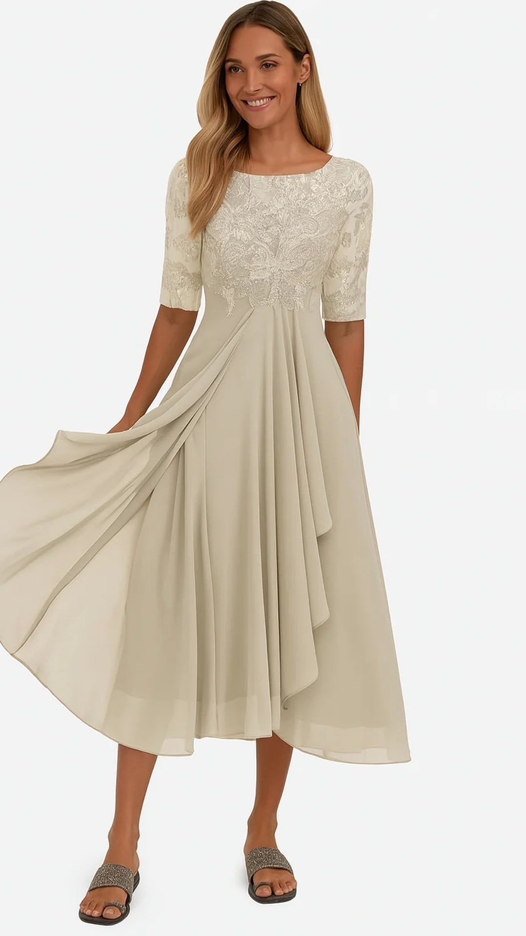 Damen Midi-Kleid Spitze Chiffon Elegantes Festkleid Schwarz - Norvielle