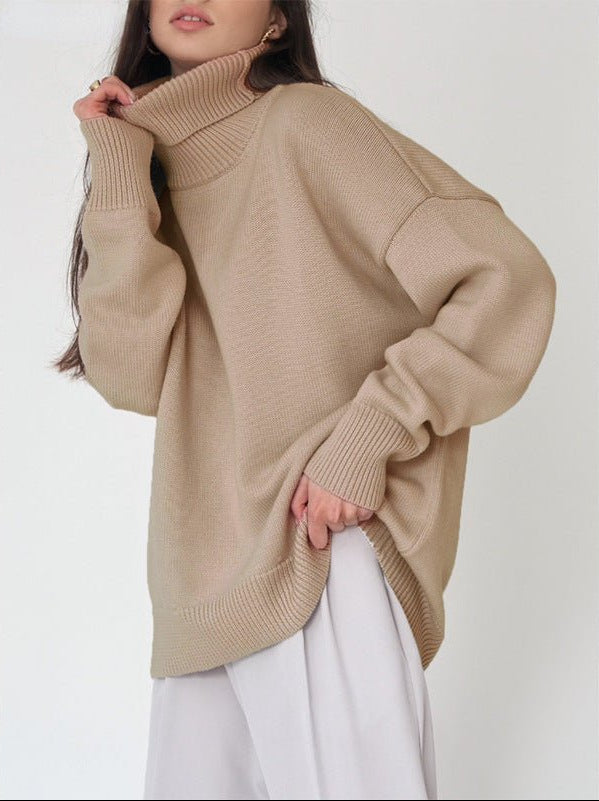 Damen Oversize Pullover Lässig Hochhalter Beige