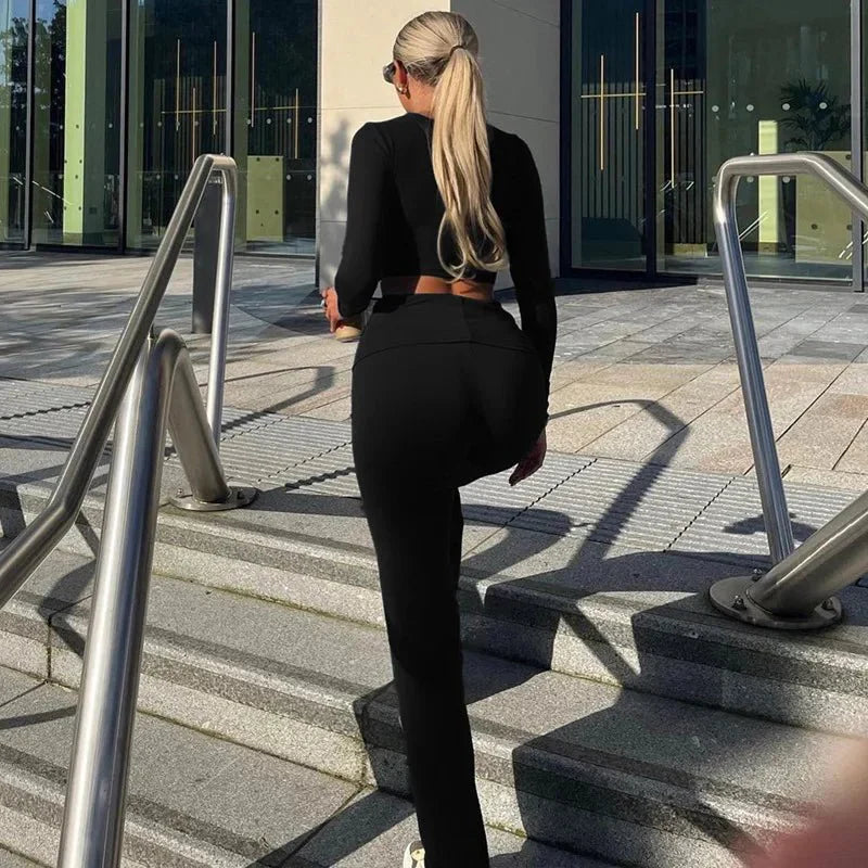 Damen Zweiteiler Crop High Waist Hose Elegant