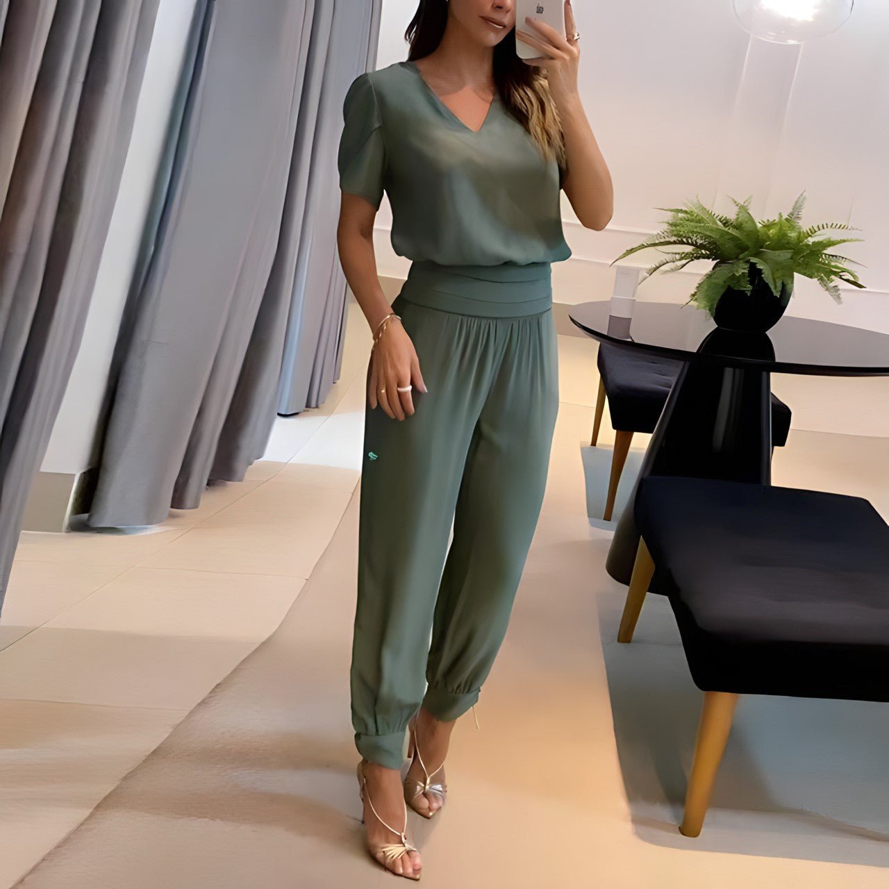Damen Sommer Zweiteiler Moderner Print V-Ausschnitt