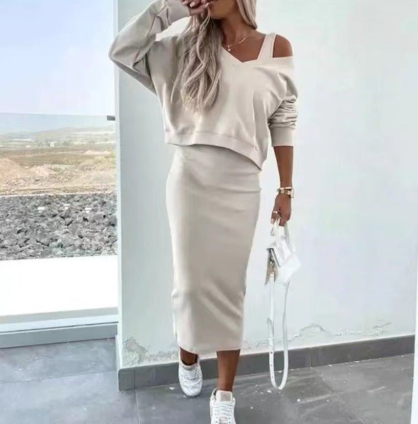 Damen Pullover Midikleid Set V-Ausschnitt Figurbetont