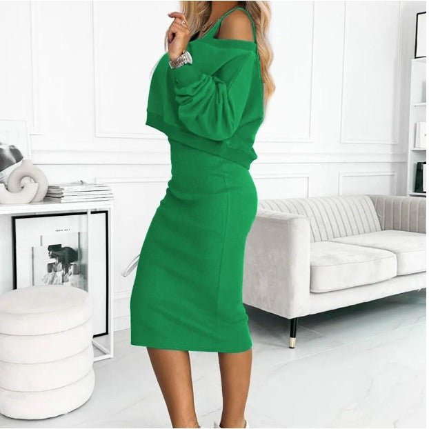 Damen Pullover Midikleid Set V-Ausschnitt Figurbetont