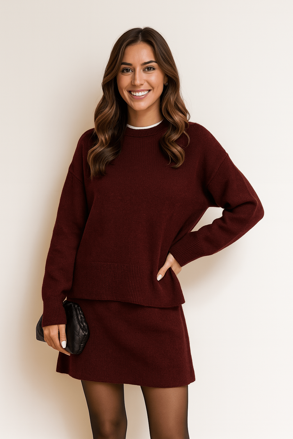 Damen Zweiteiler Strickpullover Rock Elegantes Set