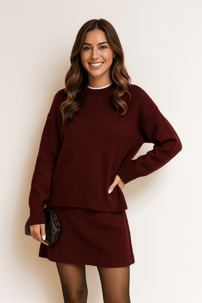 Damen Zweiteiler Strickpullover Rock Elegantes Set