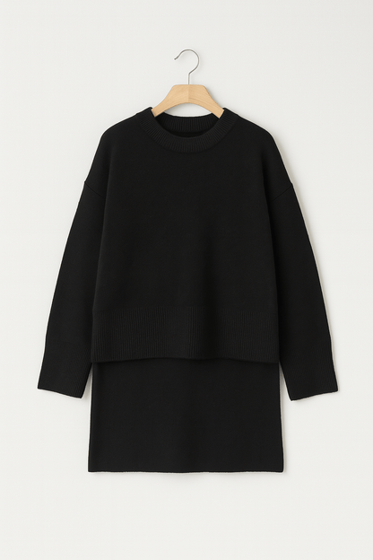 Damen Zweiteiler Strickpullover Rock Elegantes Set