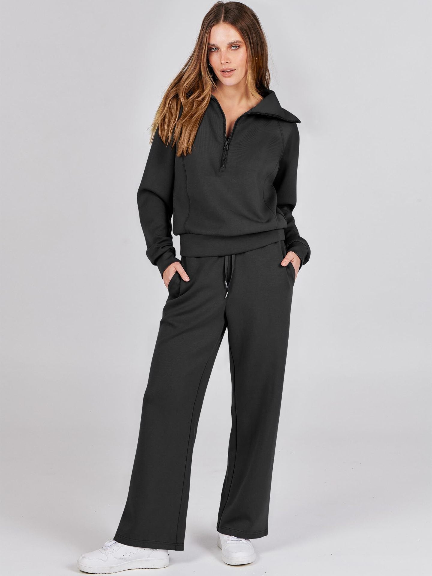 Damen Freizeitanzug mit Reißverschluss-Pullover und weite Hose - Norvielle