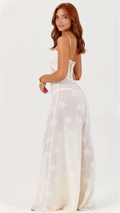 Weißes Maxikleid Schmetterlingsmuster Ibiza Stil Damen