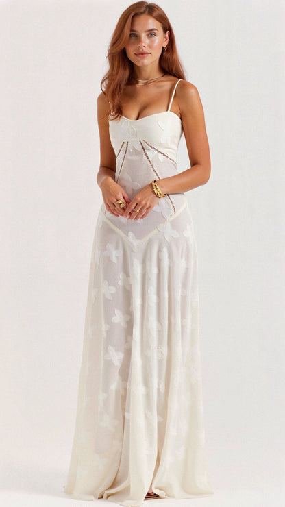 Weißes Maxikleid Schmetterlingsmuster Ibiza Stil Damen - Norvielle