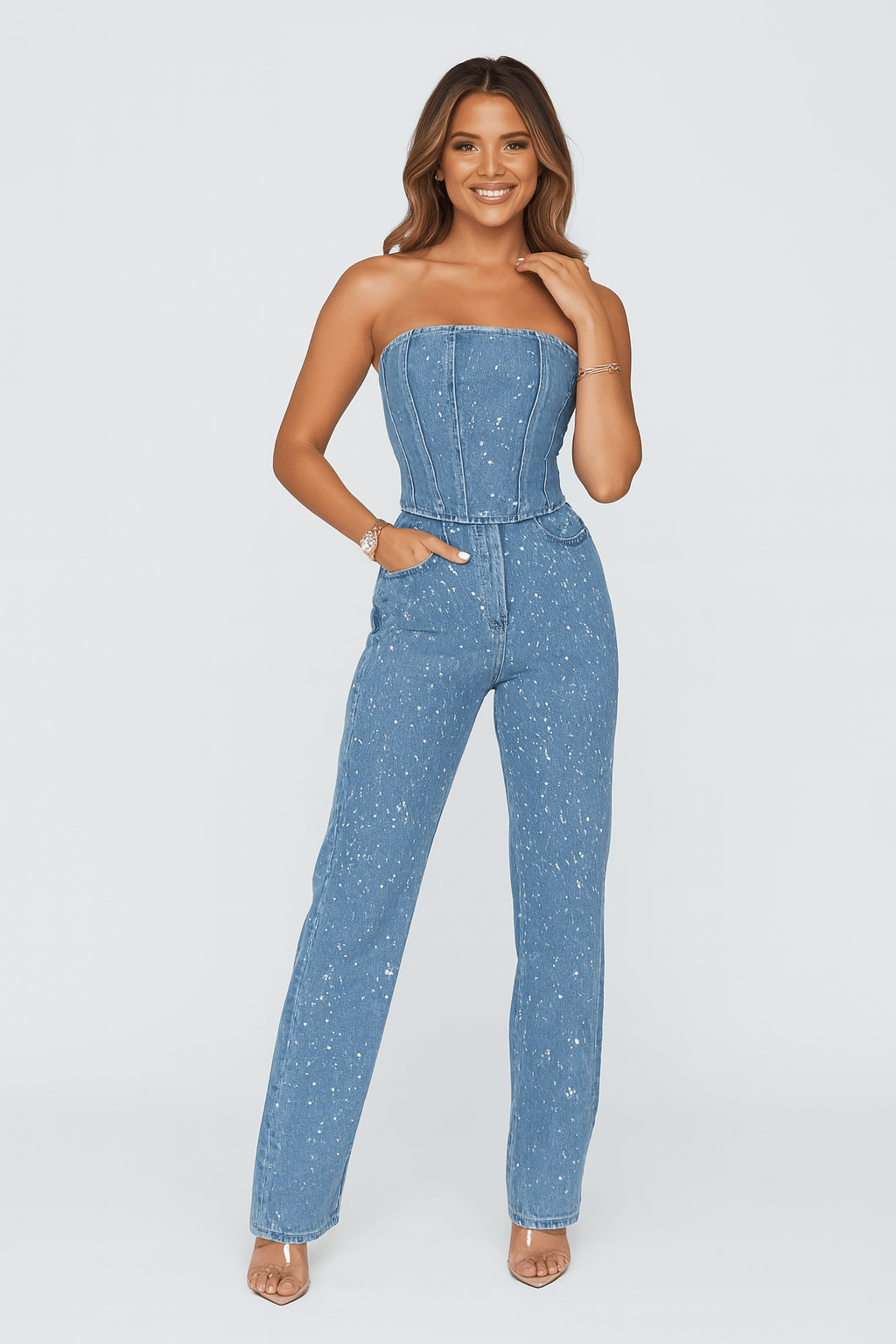 Damen Denim-Jumpsuit Ohne Träger Figurbetont