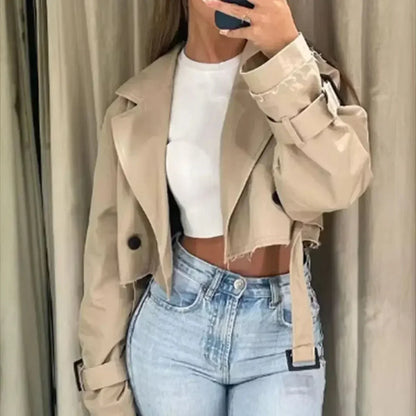 Damen Cropped Jacke Khaki mit Doppelreiher und Taillengürtel - Norvielle