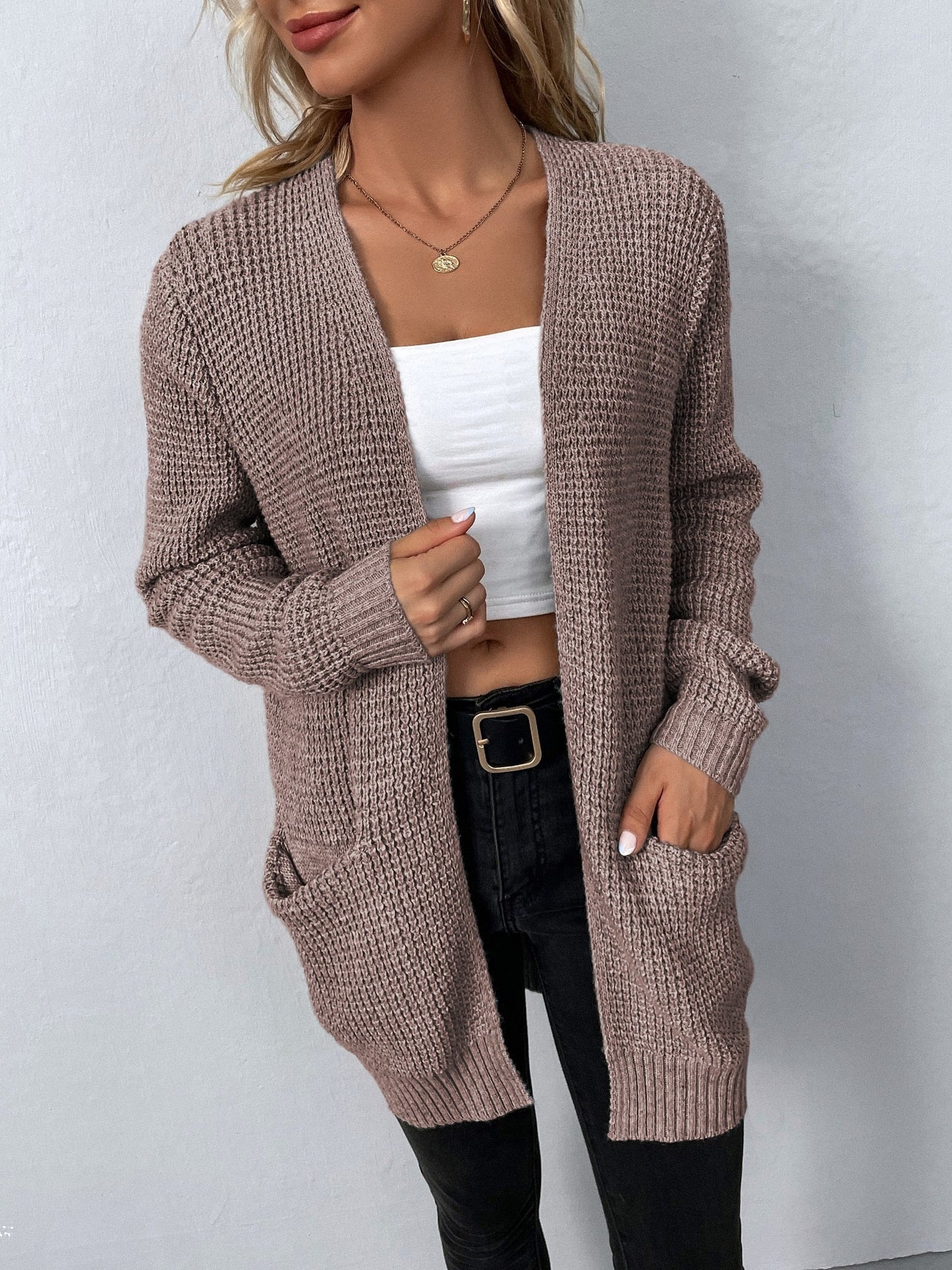 Damen Langärmlige Strickjacke Offene Vorderseite