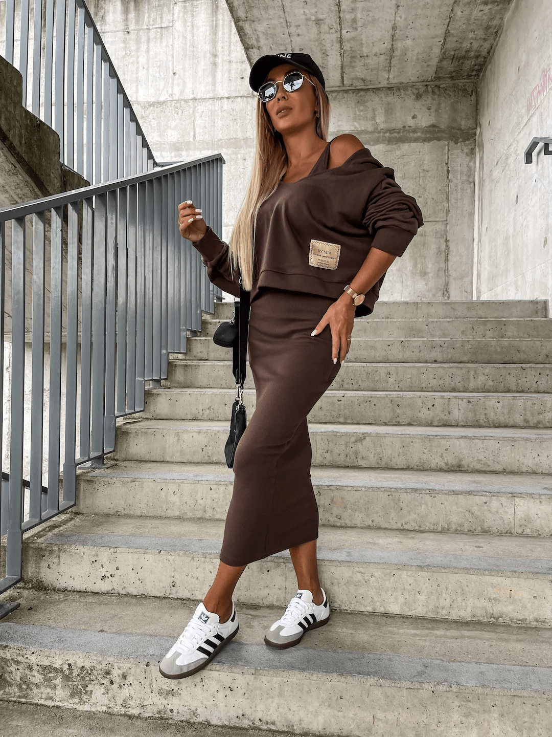 Damen Zweiteiler Set Cropped Pullover Midirock Urban Style