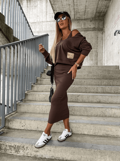 Damen Zweiteiler Set Cropped Pullover Midirock Urban Style