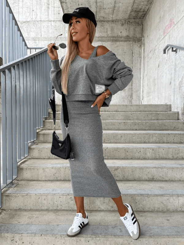 Damen Zweiteiler Set Cropped Pullover Midirock Urban Style