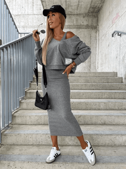 Damen Zweiteiler Set Cropped Pullover Midirock Urban Style