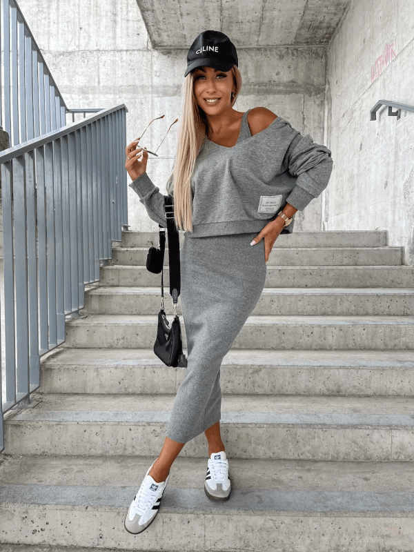 Damen Zweiteiler Set Cropped Pullover Midirock Urban Style - Norvielle