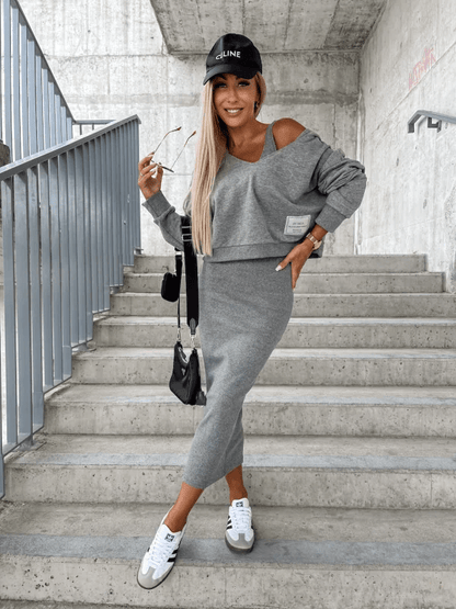 Damen Zweiteiler Set Cropped Pullover Midirock Urban Style - Norvielle