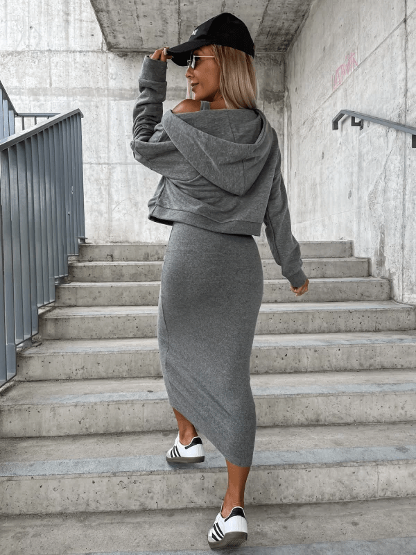 Damen Zweiteiler Set Cropped Pullover Midirock Urban Style