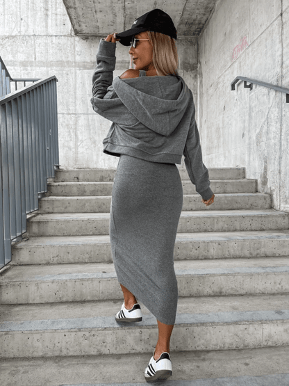 Damen Zweiteiler Set Cropped Pullover Midirock Urban Style
