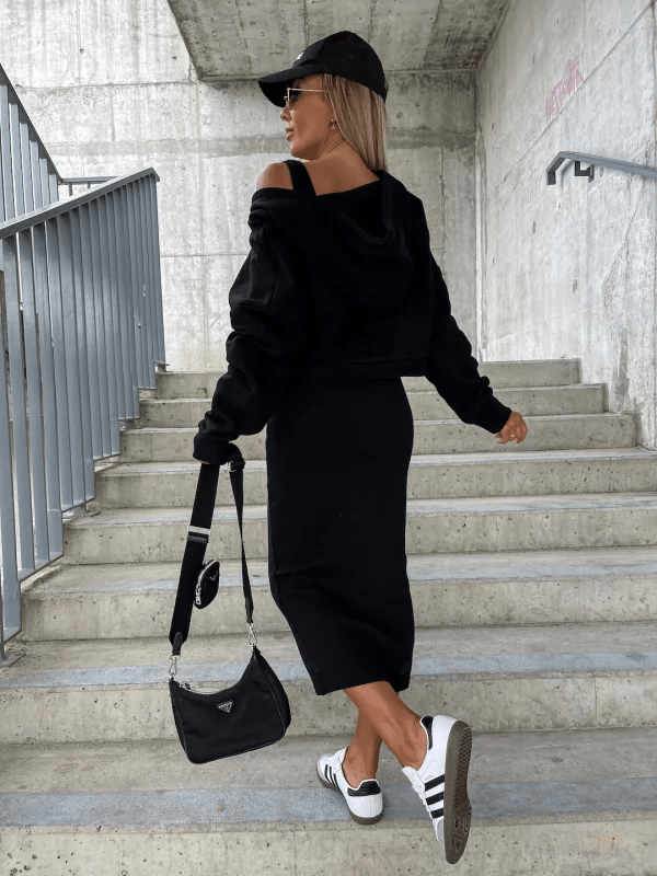 Damen Zweiteiler Set Cropped Pullover Midirock Urban Style