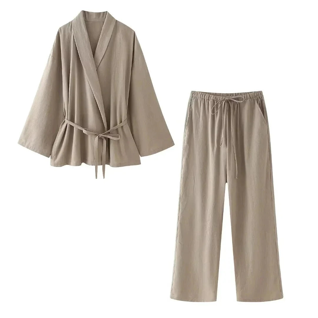 Damen Zweiteiler Set mit Bindegürtel und weite Hose Modern