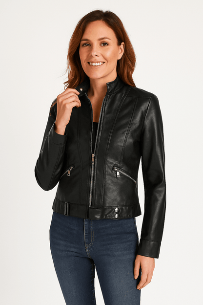 Leder-Bikerjacke Damen Kurz Reißverschluss Schwarz - Norvielle
