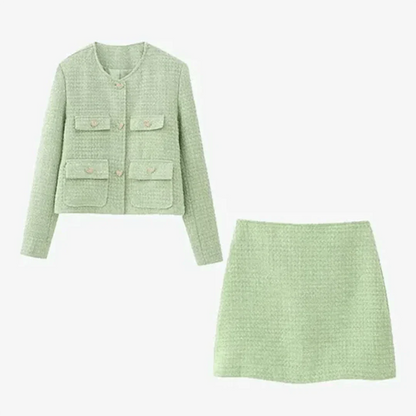 Damen Tweed Kostüm Jacke Minirock Set Elegantes Ensemble