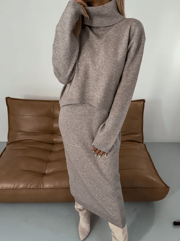 Damen Strick Zweiteiler Rollkragen Pullover Midikleid