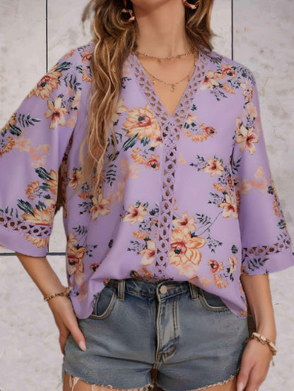 Damen Sommerbluse V-Ausschnitt Spitzen-Details Blume