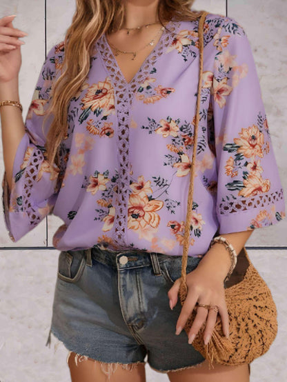 Damen Sommerbluse V-Ausschnitt Spitzen-Details Blume