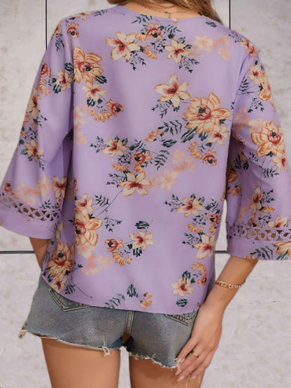 Damen Sommerbluse V-Ausschnitt Spitzen-Details Blume