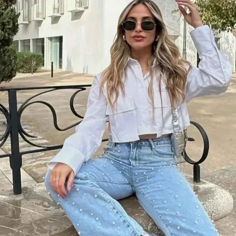 Norvielle Damen Cropped Hemd Baumwolle Bequem