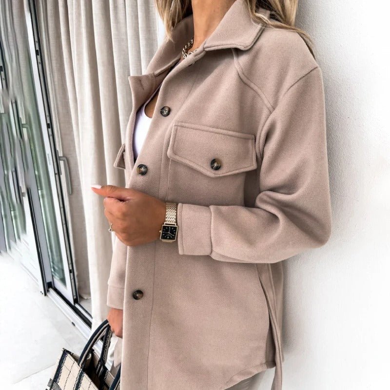 Elegante Damen Hemdjacke Baumwolle Knöpfe Taschen Beige