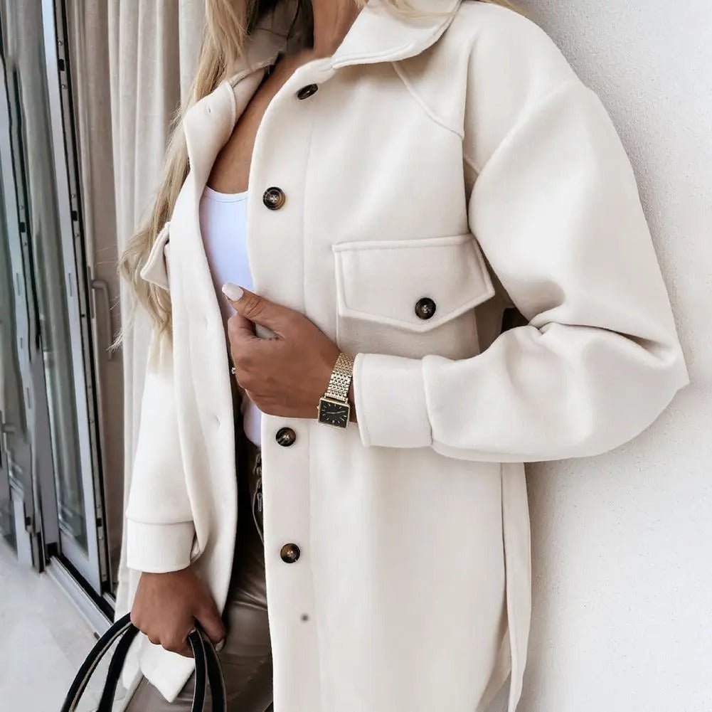 Elegante Damen Hemdjacke Baumwolle Knöpfe Taschen Beige