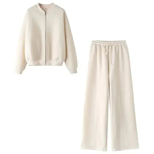 Zweiteiler Set Damen Zip-Jacke und Hose Baumwolle Beige