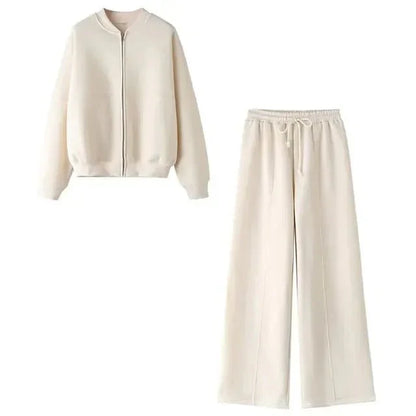 Zweiteiler Set Damen Zip-Jacke und Hose Baumwolle Beige