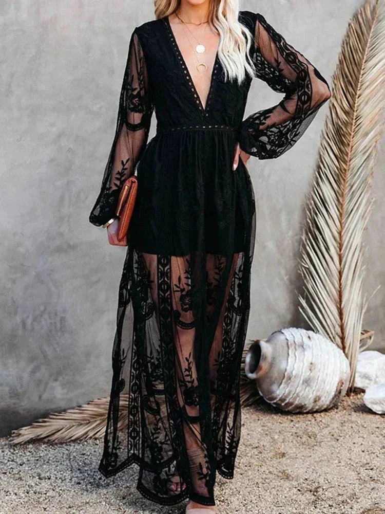 Damen Maxikleid Boho Spitze Elastisch Längs