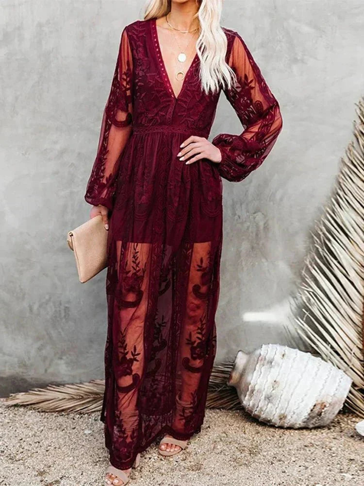 Damen Maxikleid Boho Spitze Elastisch Längs