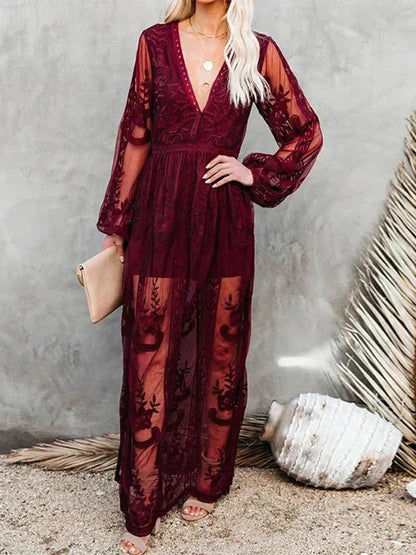 Damen Maxikleid Boho Spitze Elastisch Längs