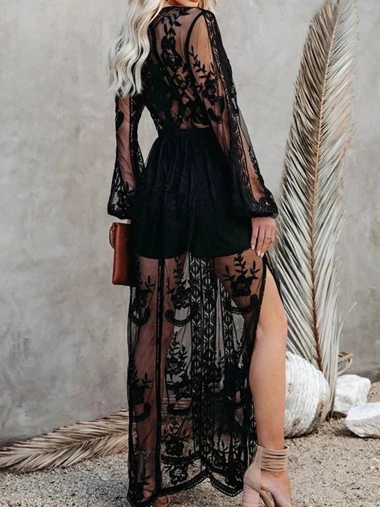Damen Maxikleid Boho Spitze Elastisch Längs