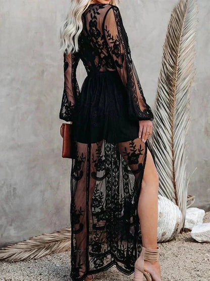 Damen Maxikleid Boho Spitze Elastisch Längs