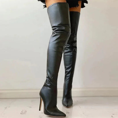 Damen Overknee-Stiefel Leder Spitze Stiletto-Absatz